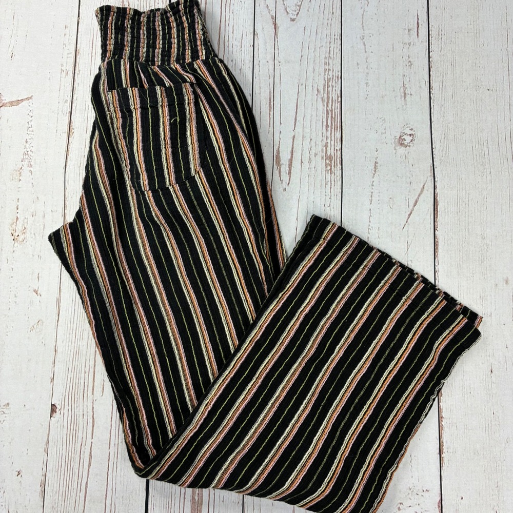 Billabong Kids Black Striped Smocked Waist Wide Leg Pants High Rise Pockets